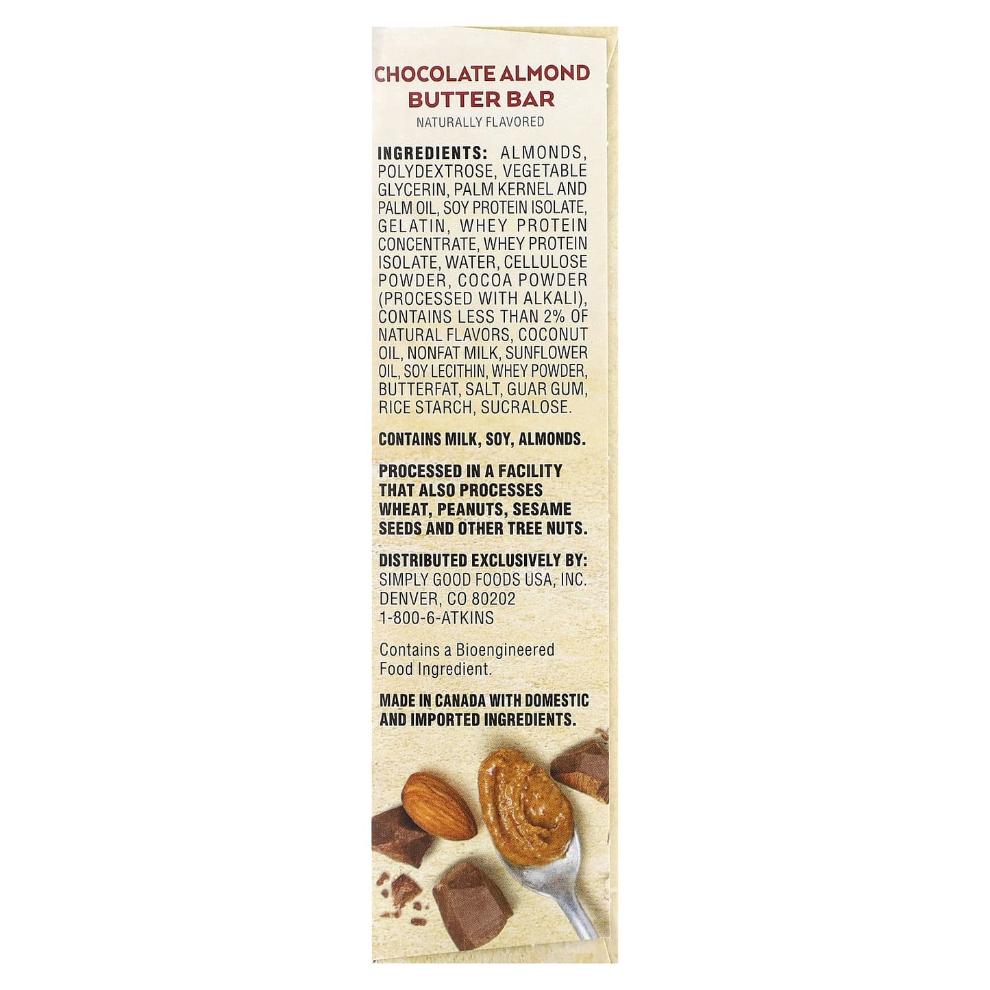 Atkins, Protein Meal Bar, Chocolate Almond Butter, 5 Bars, 2.12 oz (60 g) Each