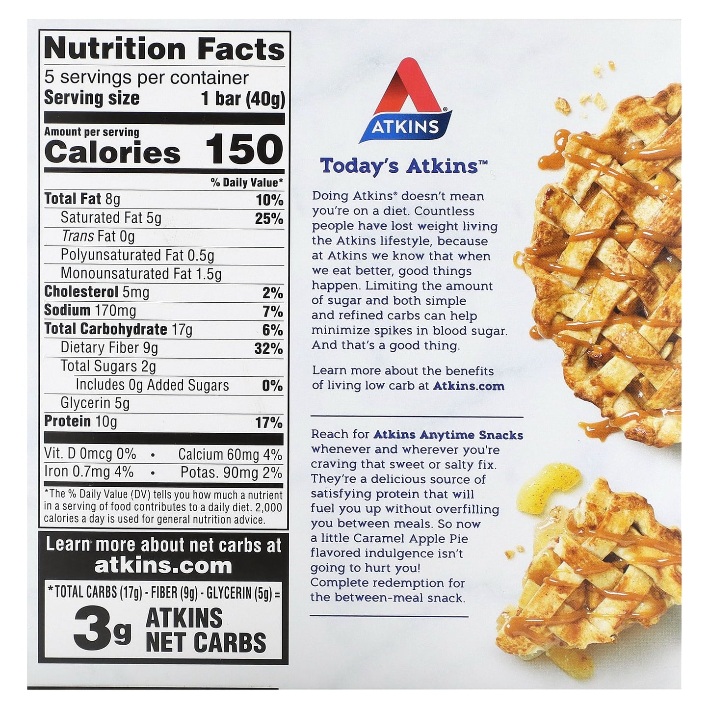 Atkins, Snack, Caramel Apple Pie Bar, 5 Bars, 1.41 oz (40 g) Each