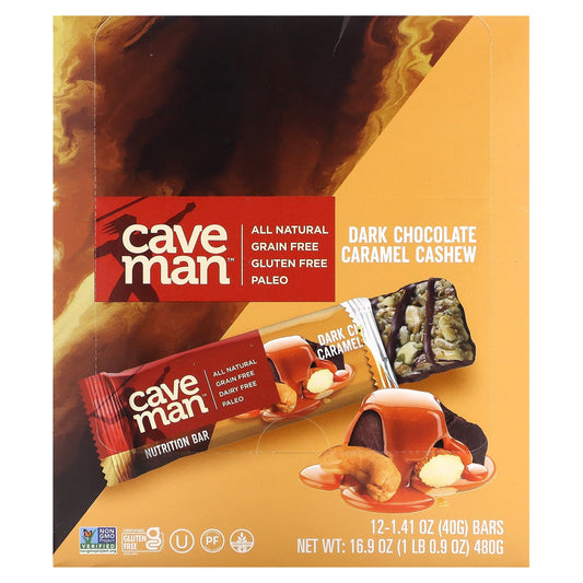 Caveman Foods-Nutrition Bars-Dark Chocolate Caramel Cashew-12 Bars-1.41 oz (40 g) Each