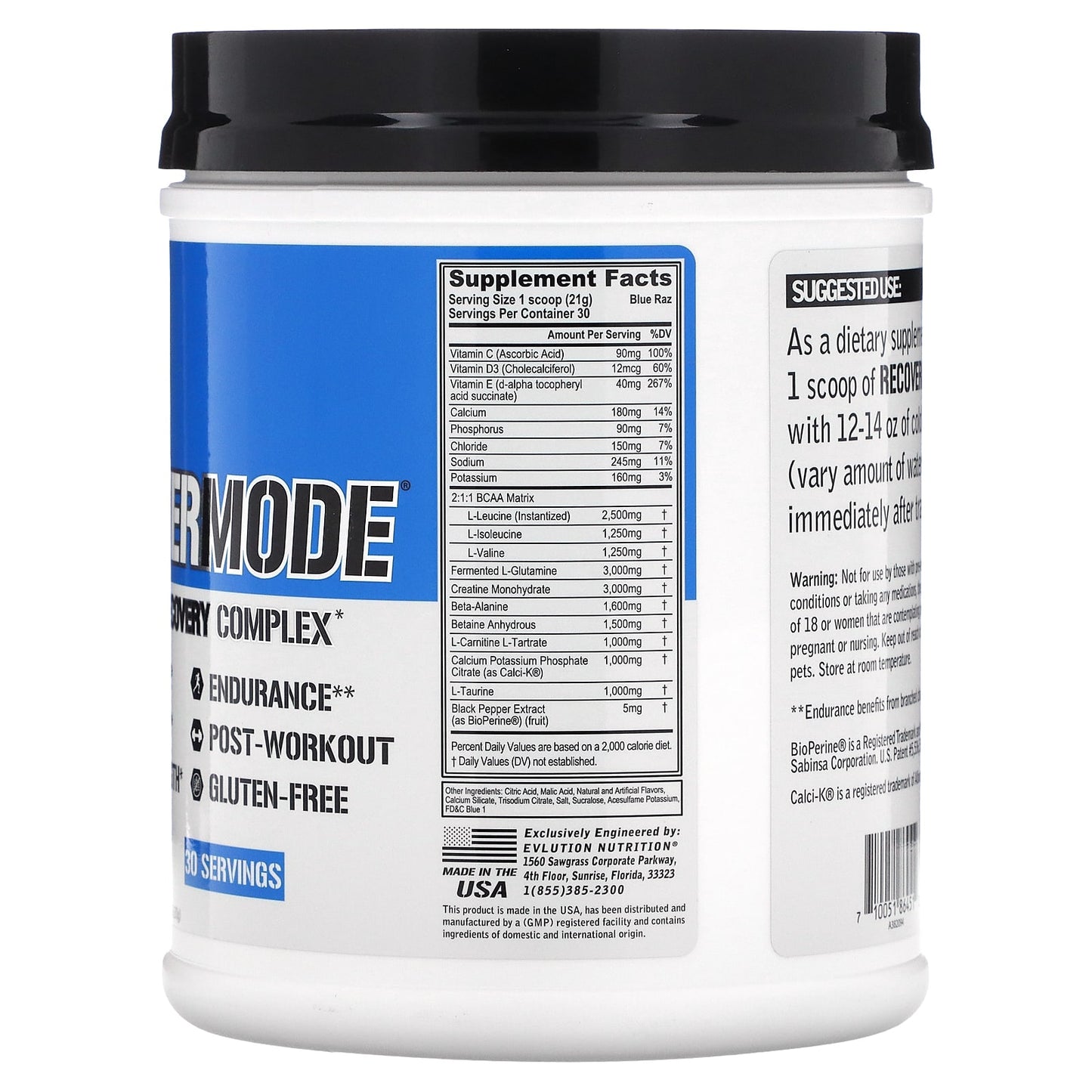 EVLution Nutrition, RECOVERMODE, Complete Recovery Complex, Blue Raz, 22.23 oz (630 g)