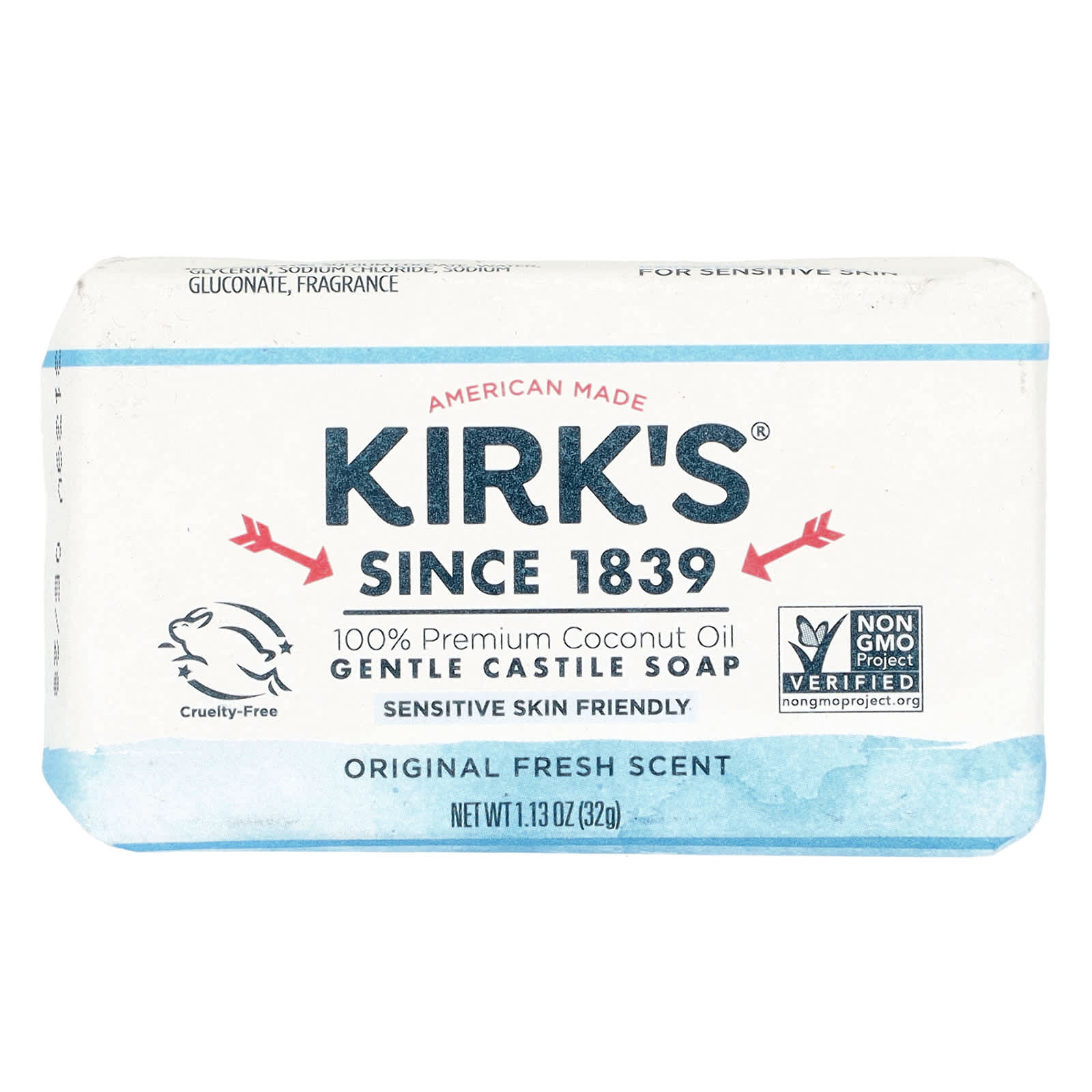 Kirk's-100% Premium Coconut Oil Gentle Castile Bar Soap-Original Fresh-1.13 oz (32 g)