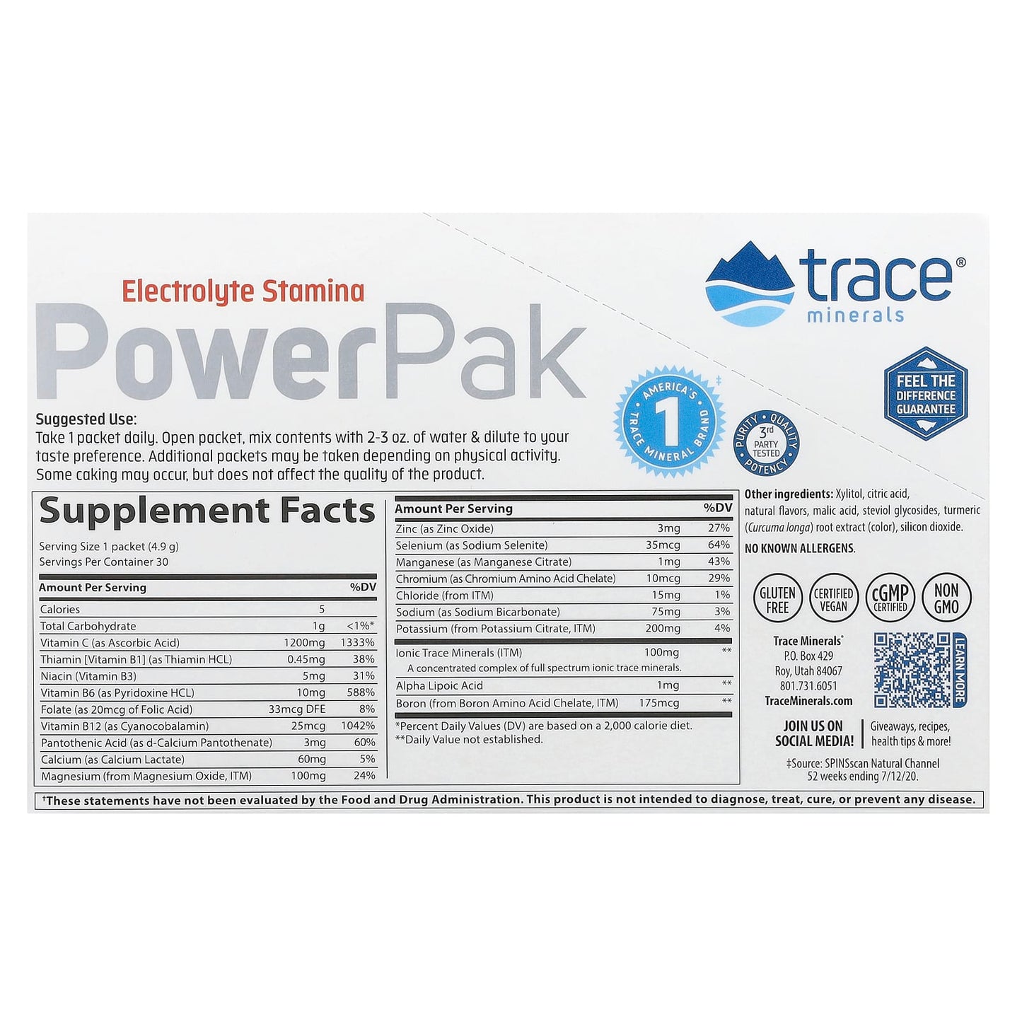 Trace Minerals ®, Electrolyte Stamina PowerPak, Zero Sugar, Citrus, 30 Packets, 0.17 oz (4.9 g) Each