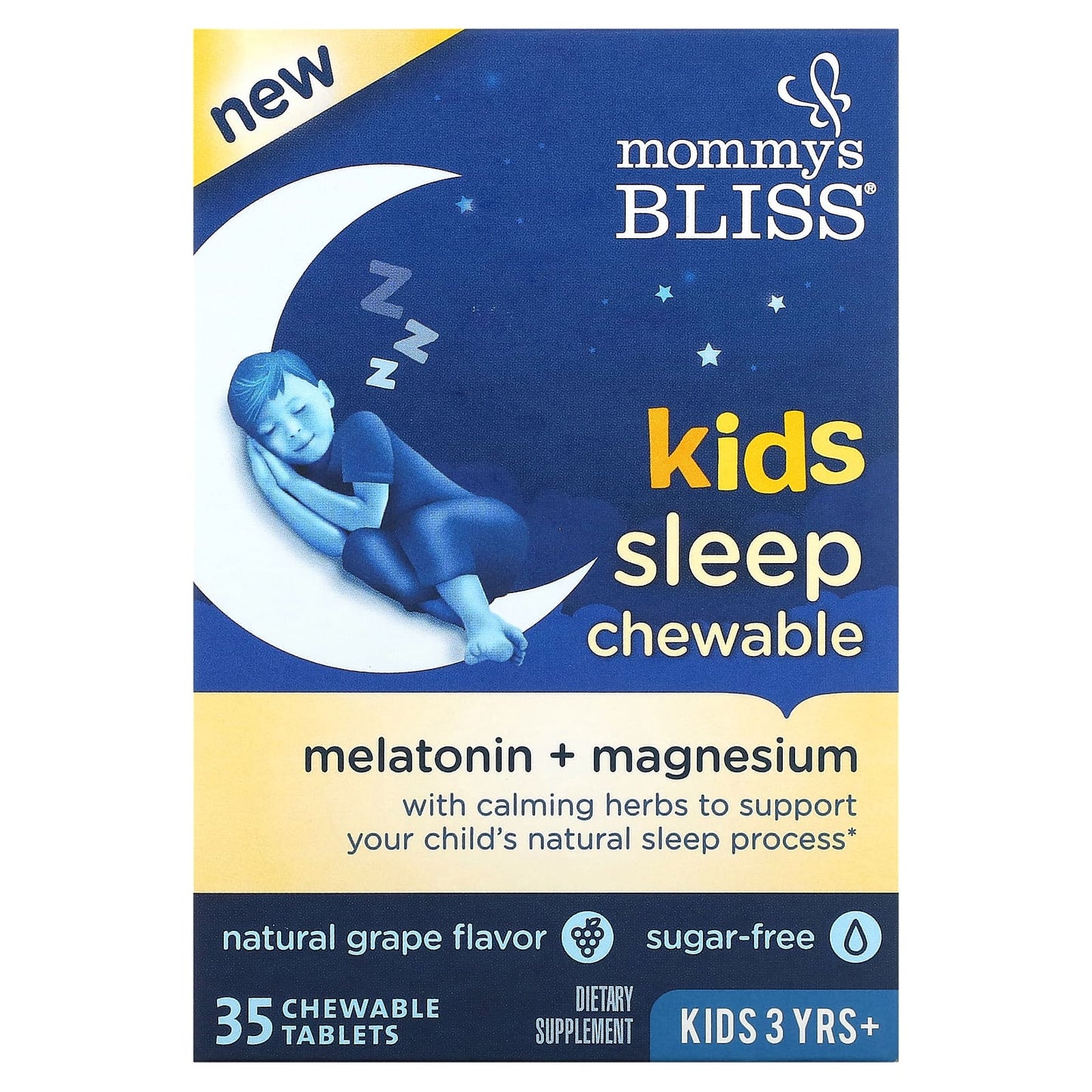 Mommy's Bliss-Kids Sleep Chewable-Melatonin + Magnesium-Kids 3 Yrs+-Natural Grape-35 Chewable Tablets
