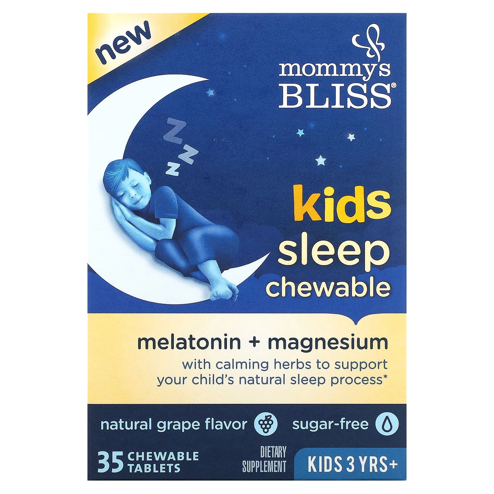 Mommy's Bliss-Kids Sleep Chewable-Melatonin + Magnesium-Kids 3 Yrs+-Natural Grape-35 Chewable Tablets