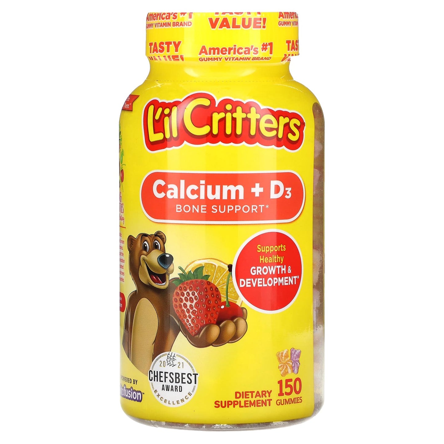 L'il Critters-Calcium + D3-Bone Support Gummies-Black Cherry Blast-Juicy Orange & Fresh Strawberry-150 Gummies