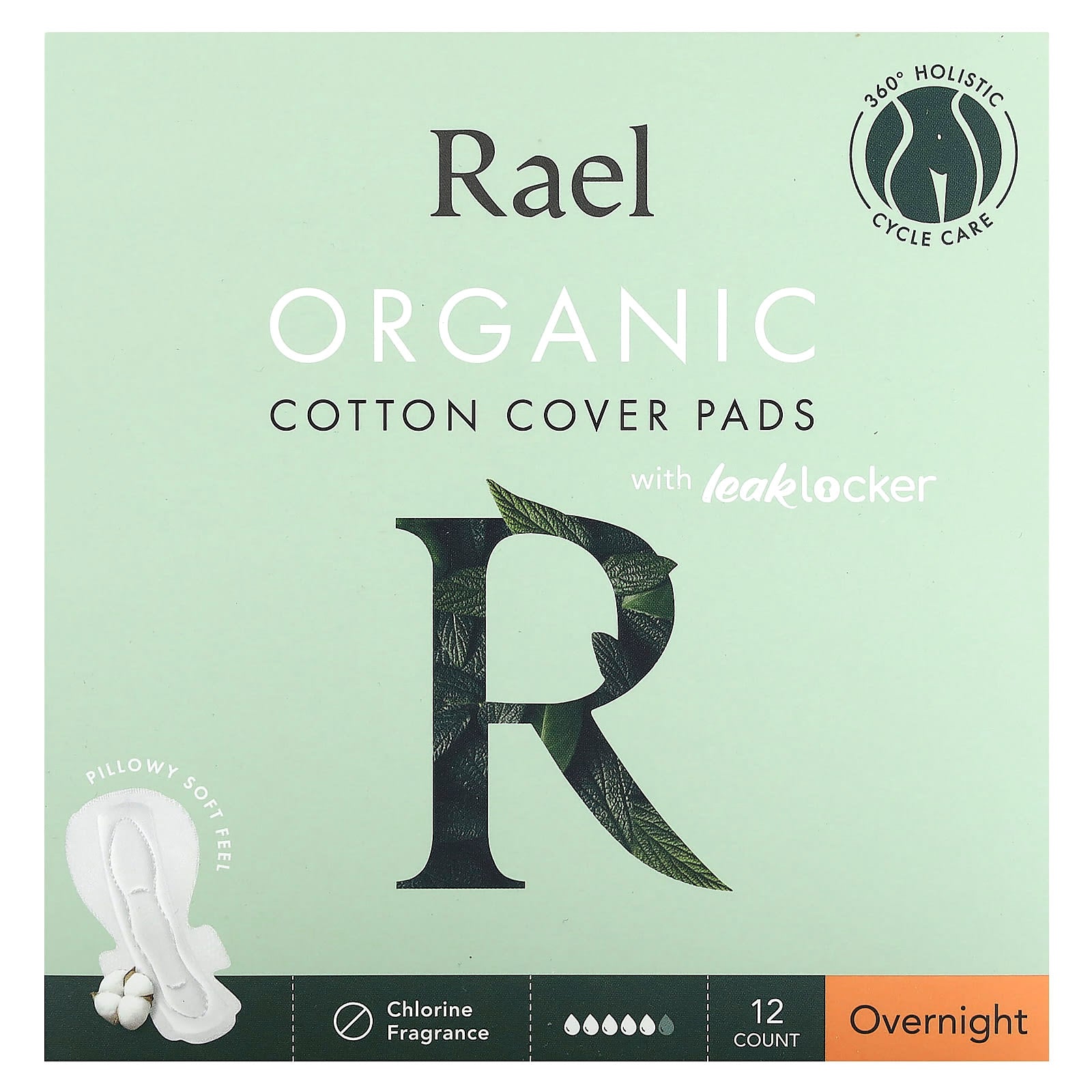 Rael-Organic Cotton Cover Pads with Leak Locker-Overnight -12 Count