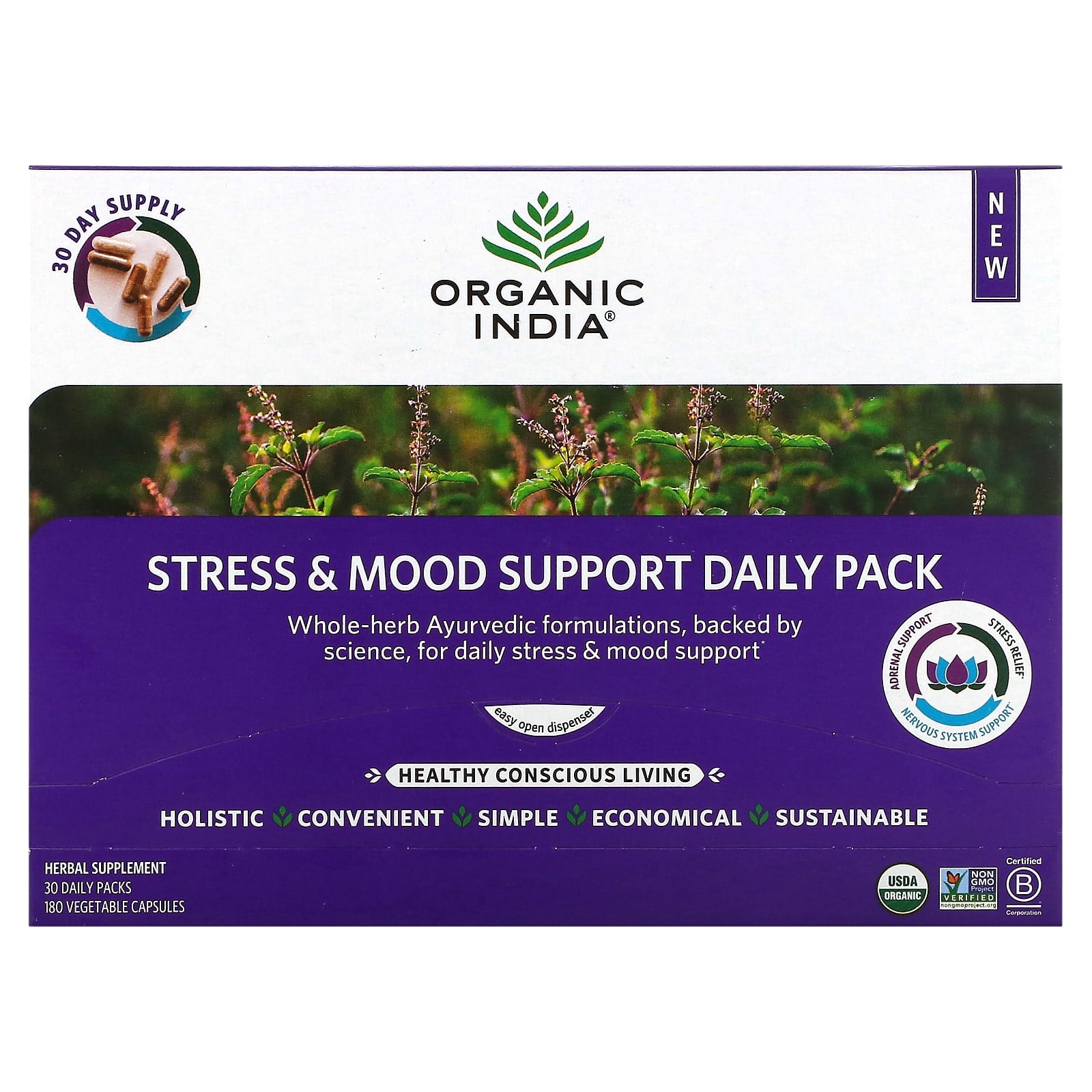 Organic India-Stress & Mood Support Daily Pack-30 Daily Packs-180 Vegetable Capsules