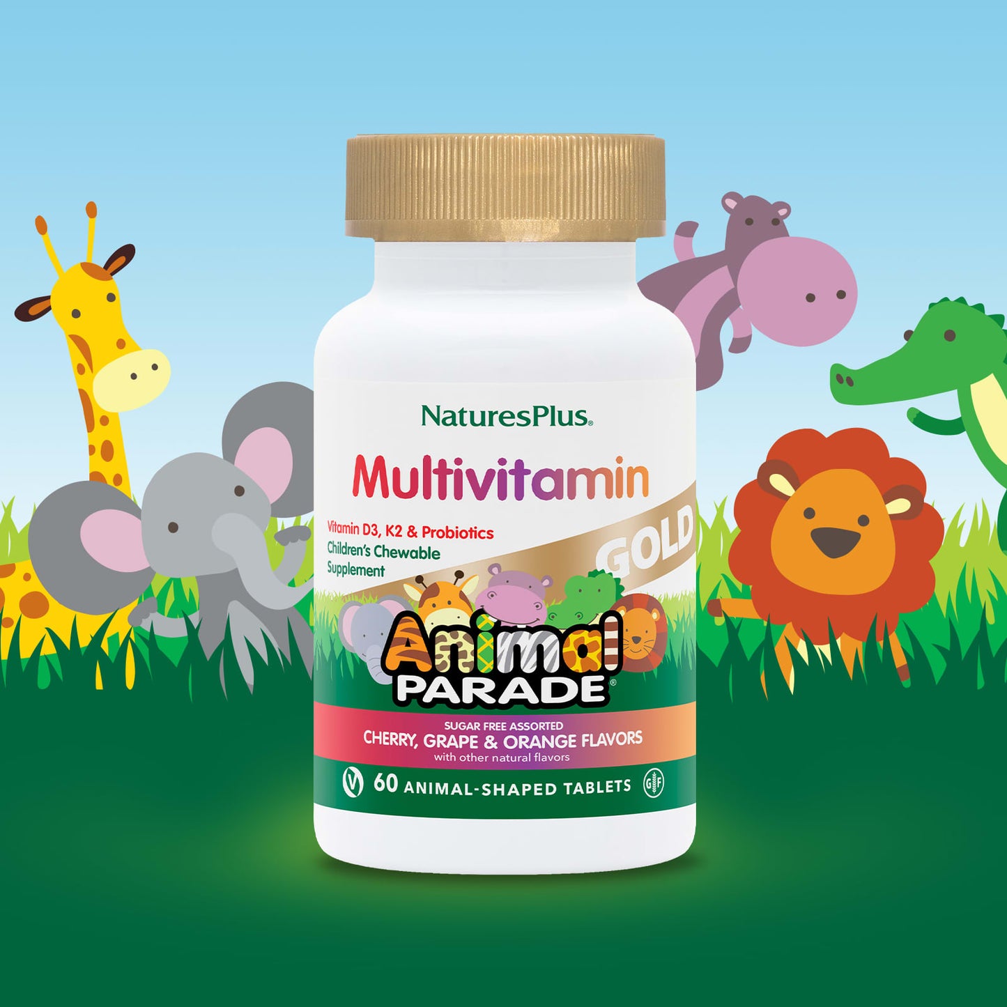 NaturesPlus, Animal Parade Gold, Children's Chewable Supplement, Cherry, Grape & Orange, 60 Animal-Shaped Tablets