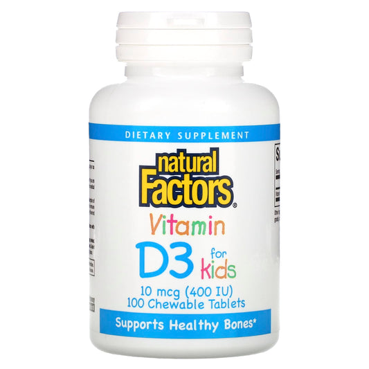 Natural Factors-Vitamin D3 for Kids-Strawberry-10 mcg (400 IU)-100 Chewable Tablets