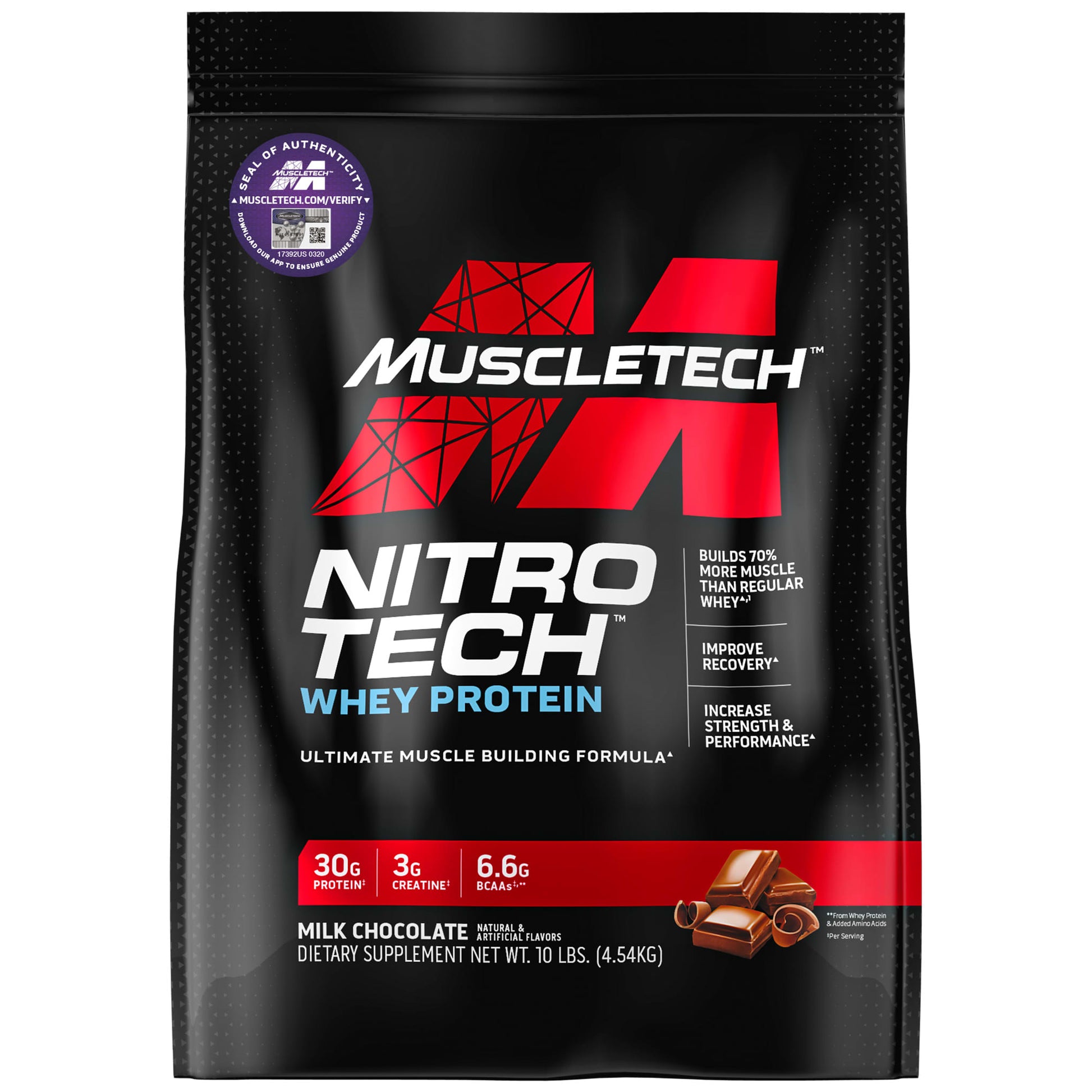 MuscleTech-Nitro Tech-Whey Peptides & Isolate Lean Musclebuilder-Milk Chocolate-10 lbs (4.54 kg)