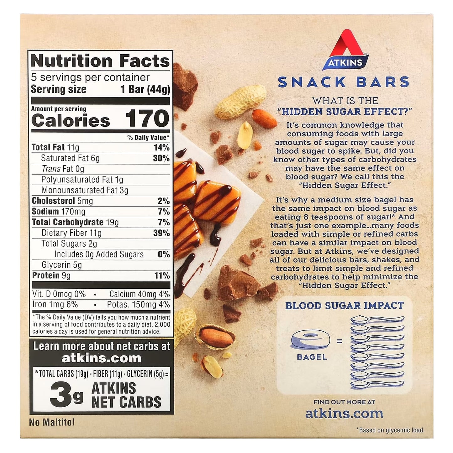 Atkins, Snack, Caramel Chocolate Peanut Nougat Bar, 5 Bars, 1.55 oz (44 g) Each