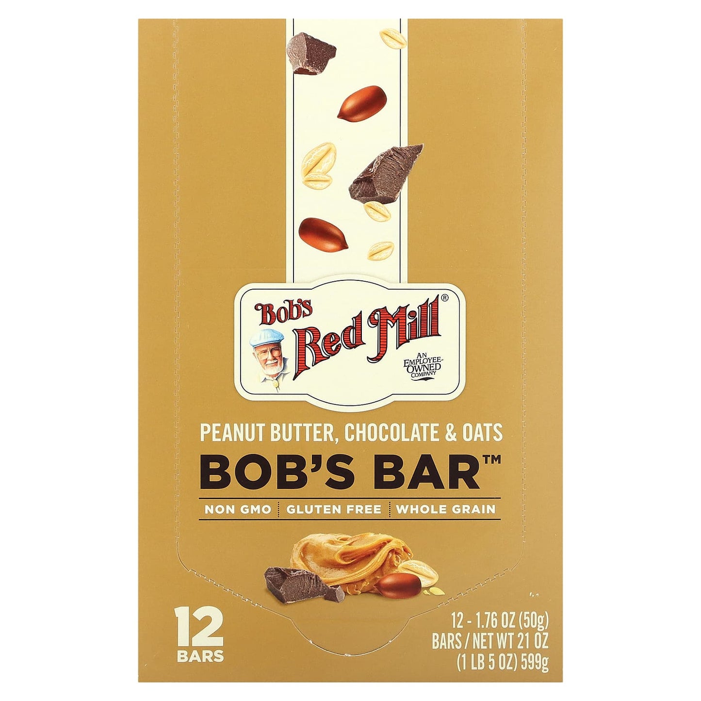 Bob's Red Mill-Bob's Bar-Peanut Butter-Chocolate & Oats-12 Bars-1.76 oz (50 g) Each