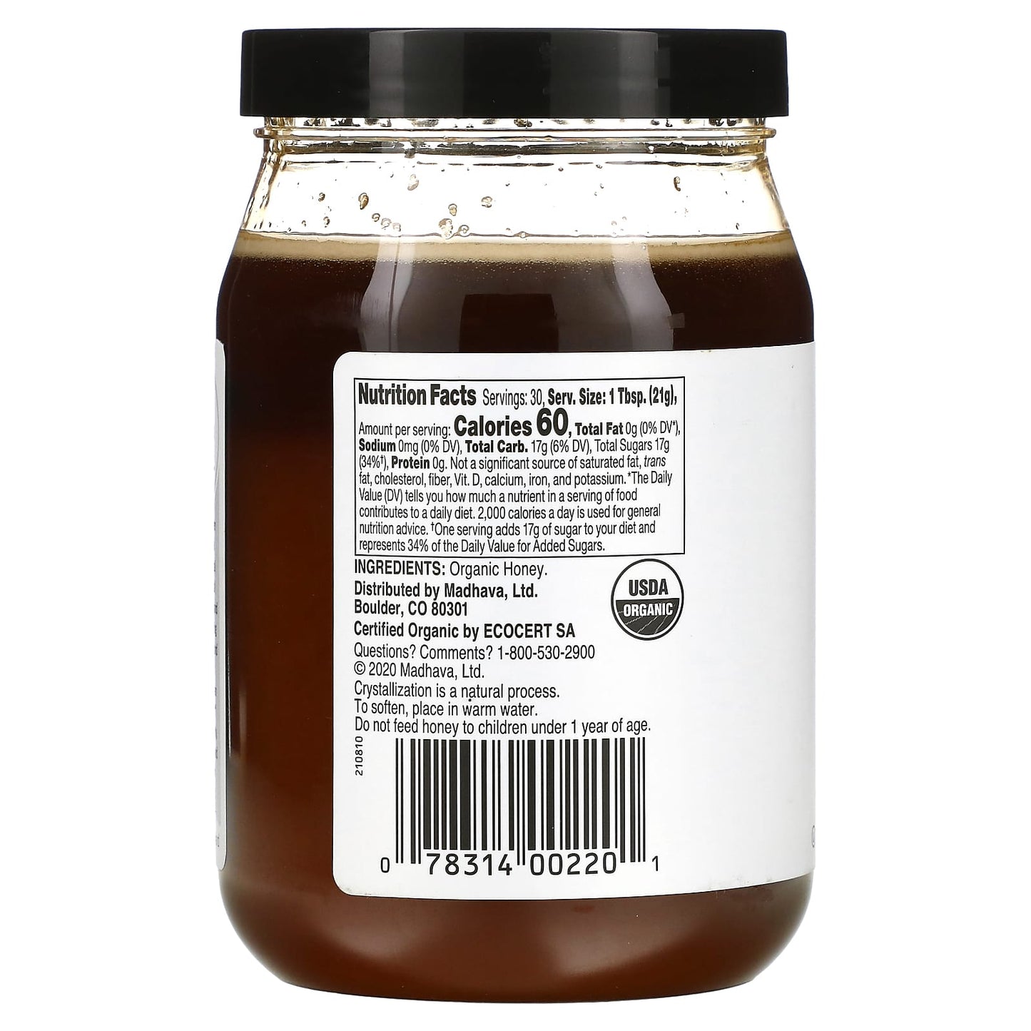 Madhava Natural Sweeteners, Clean & Simple, Organic Creamed Honey, Unfiltered, 22 oz (624 g)