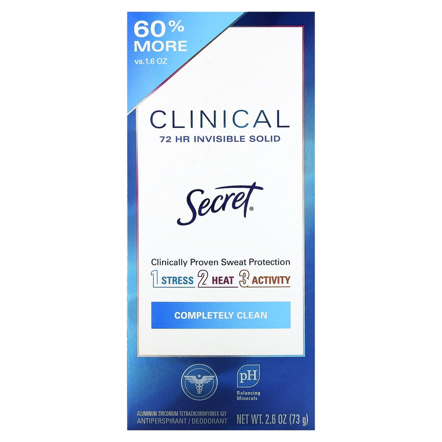 Secret, Clinical 72 HR Invisible Solid Deodorant, Completely Clean,  2.6 oz (73 g)