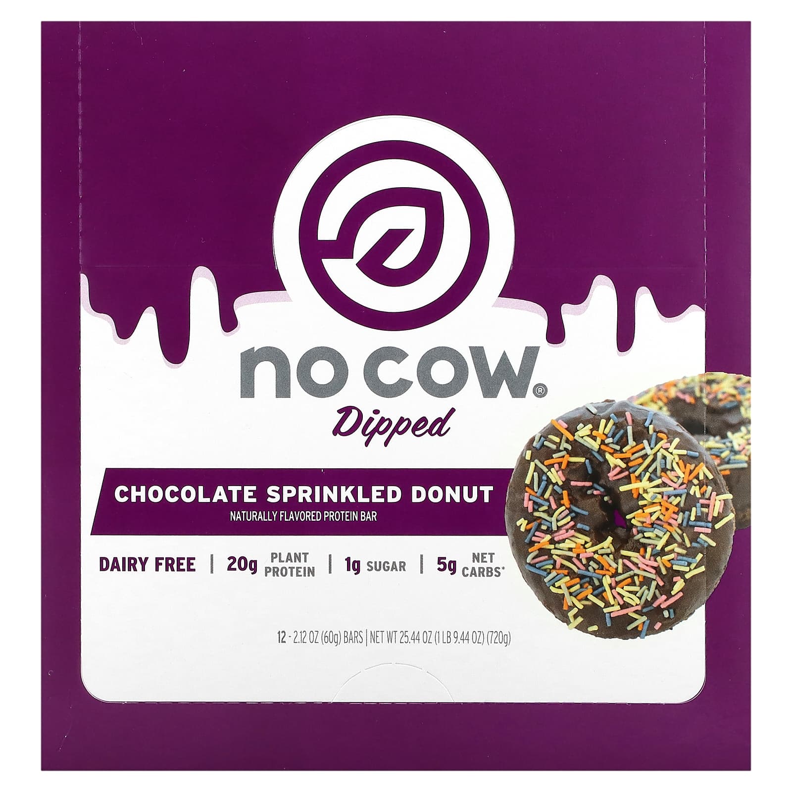 No Cow-Dipped Protein Bar-Chocolate Sprinkled Donut-12 Bars-2.12 oz (60 g) Each