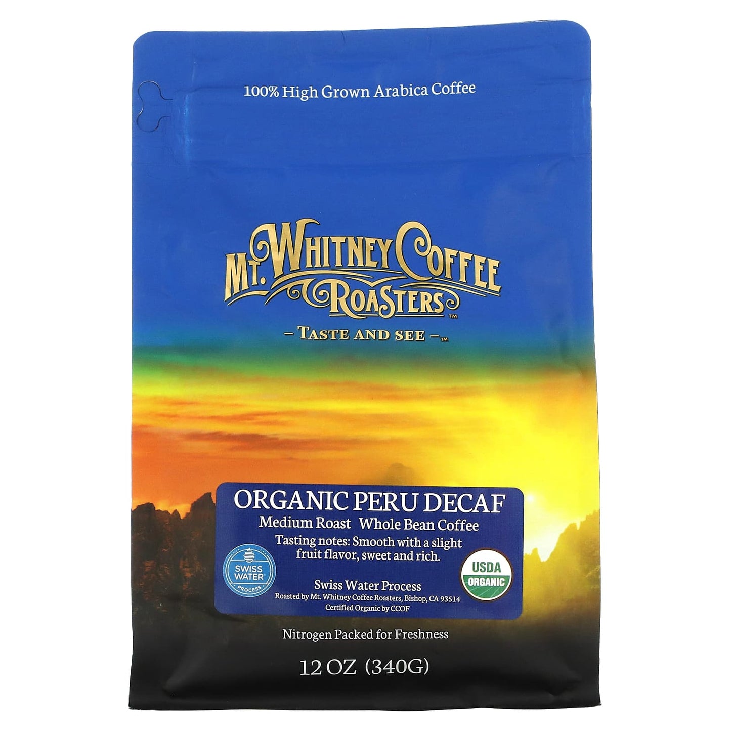 Mt. Whitney Coffee Roasters-Organic Peru Decaf-Medium Roast Whole Bean-12 oz (340 g)