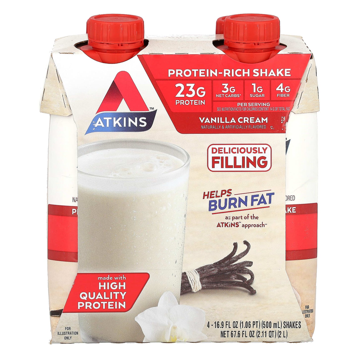 Atkins-Protein-Rich Shake-Vanilla Cream-4 Shakes-16.9 fl oz (500 ml) Each