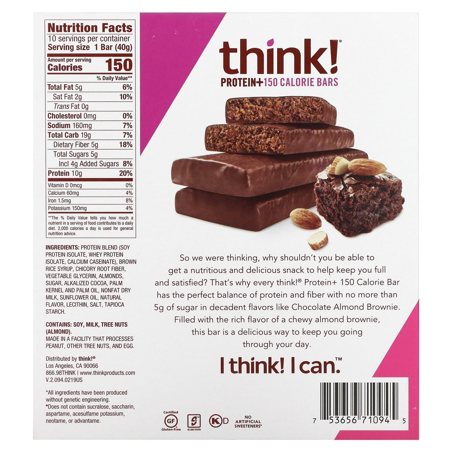 Think !, Protein+ Bars, Chocolate Almond Brownie, 10 Bars, 1.41 oz (40 g) Each