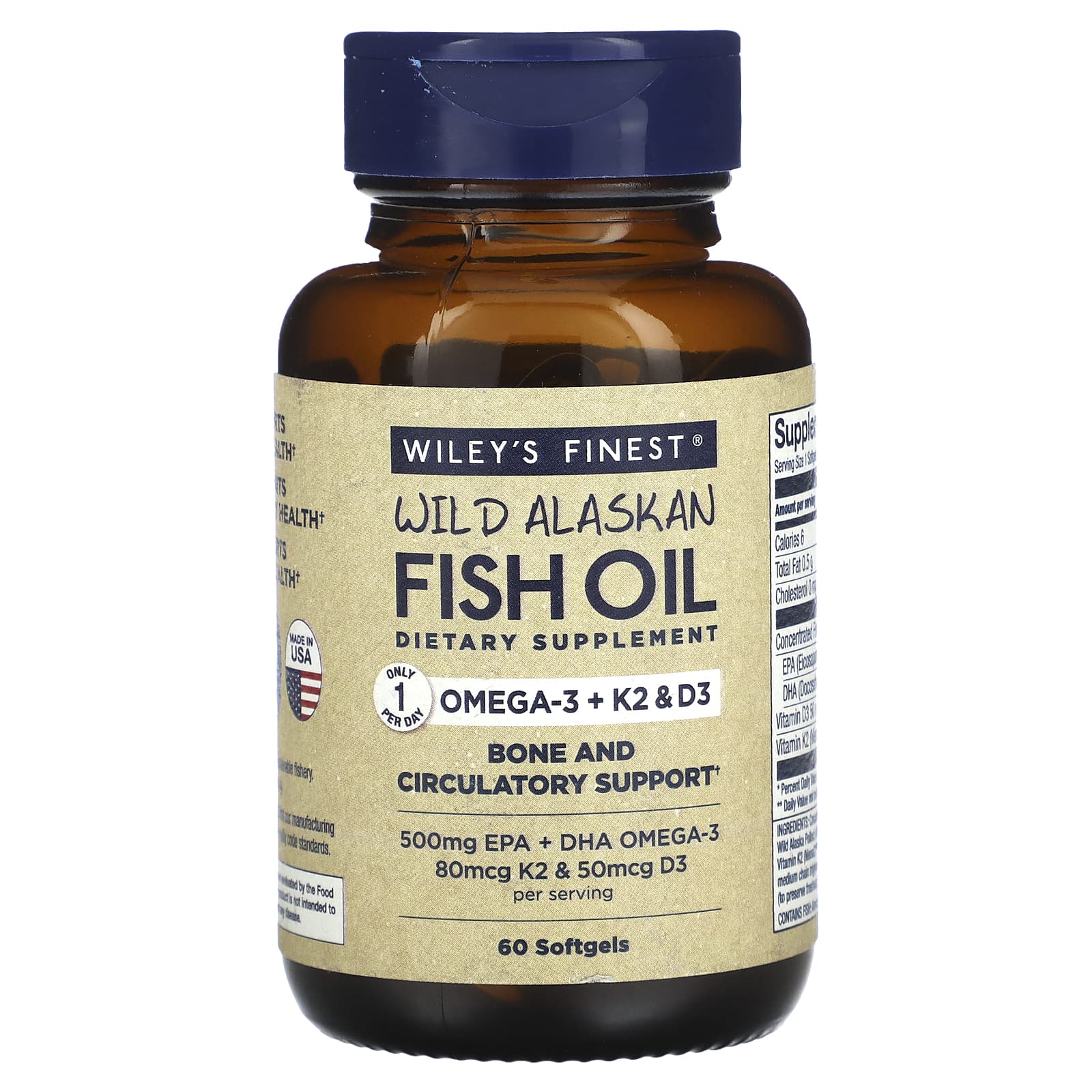 Wiley's Finest-Wild Alaskan Fish Oil-Omega-3 + K2 & D3-60 Fish Softgels