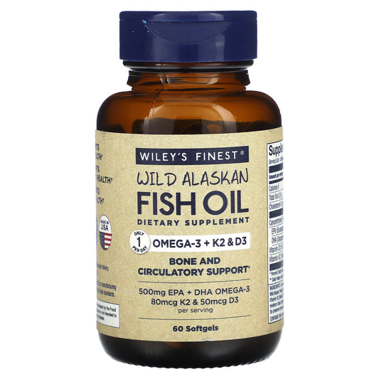 Wiley's Finest-Wild Alaskan Fish Oil-Omega-3 + K2 & D3-60 Fish Softgels