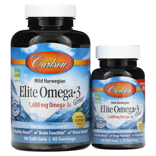 Carlson-Wild Norwegian-Elite Omega-3 Gems-Natural Lemon-1,600 mg-120 Soft Gels (800 mg per Soft Gel)