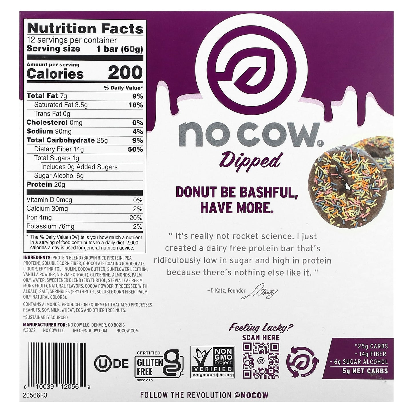 No Cow, Dipped Protein Bar, Chocolate Sprinkled Donut, 12 Bars, 2.12 oz (60 g) Each