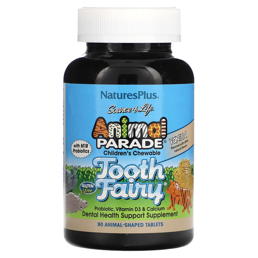 NaturesPlus-Source of Life-Animal Parade-Children's Chewable Tooth Fairy Probiotic-Vitamin D3 & Calcium-Vanilla-90 Animal-Shaped Tablets