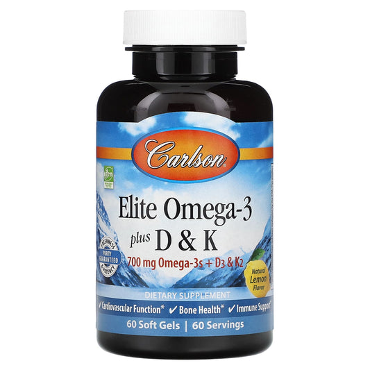 Carlson-Elite Omega-3 Plus D & K-Natural Lemon Flavor-60 Soft Gels