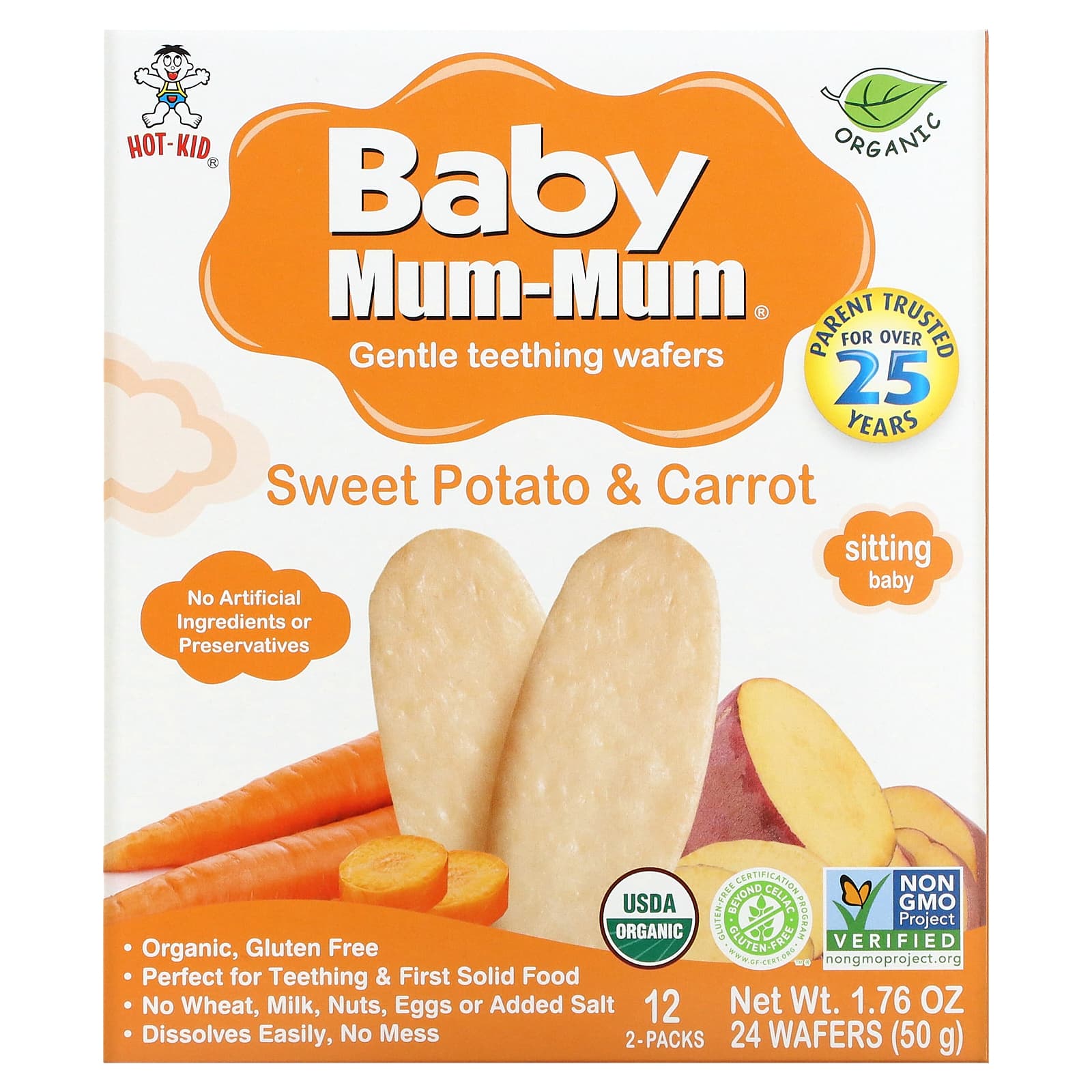 Hot Kid-Baby Mum-Mum-Gentle Teething Wafers-Sweet Potato & Carrot-12 Packs-2 Wafers Each