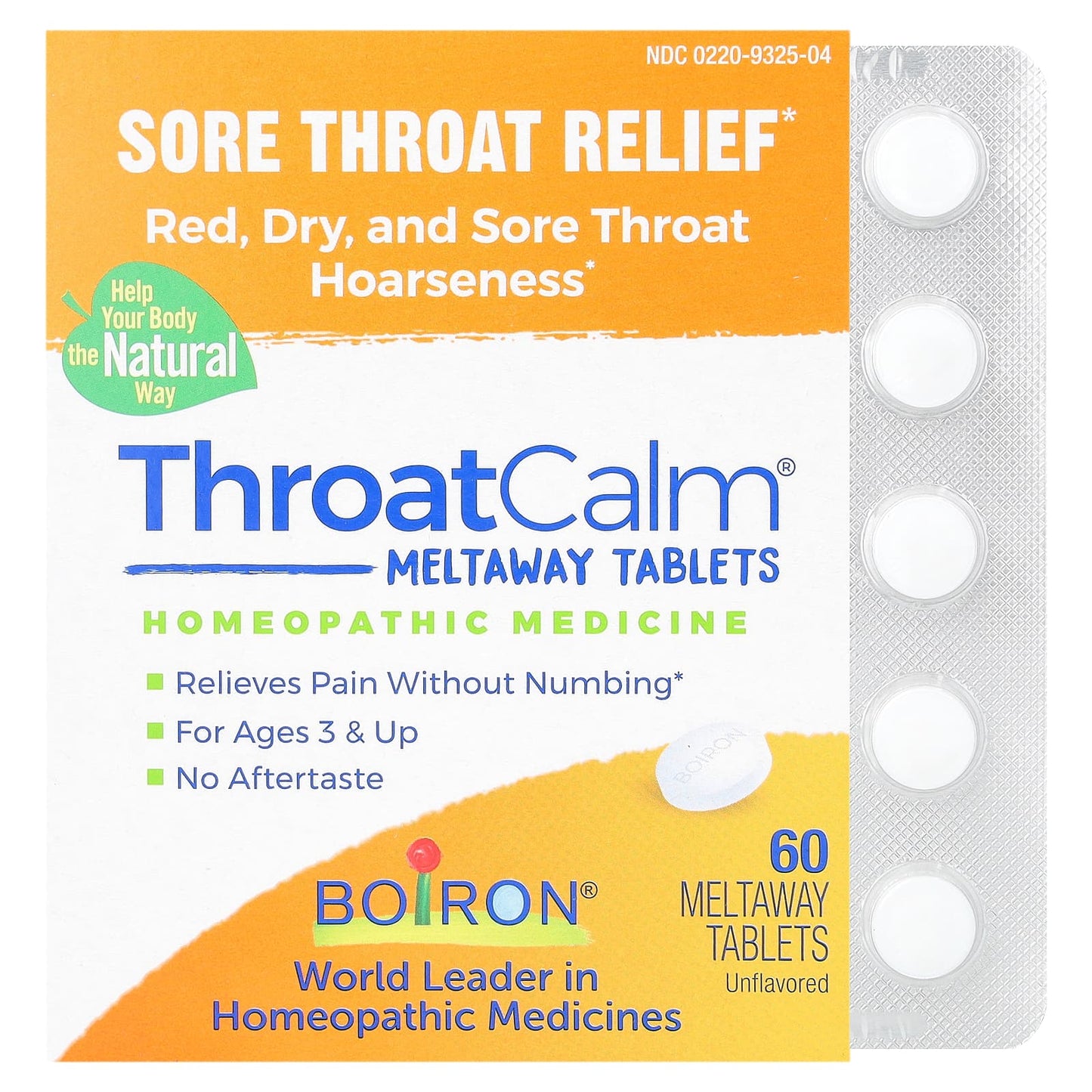 Boiron-ThroatCalm-Sore Throat Relief-For Ages 3 & Up-Unflavored-60 Meltaway Tablets