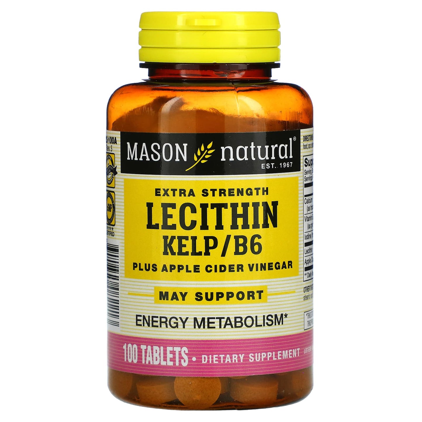 Mason Natural-Extra Strength Lecithin Kelp/B6 Plus Apple Cider Vinegar-100 Tablets