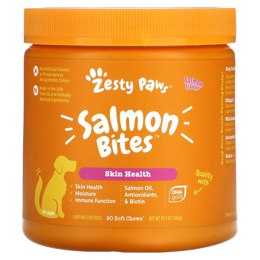 Zesty Paws-Salmon Bites for Dogs- All Ages-Salmon-90 Soft Chews-12.7 oz (360 g)