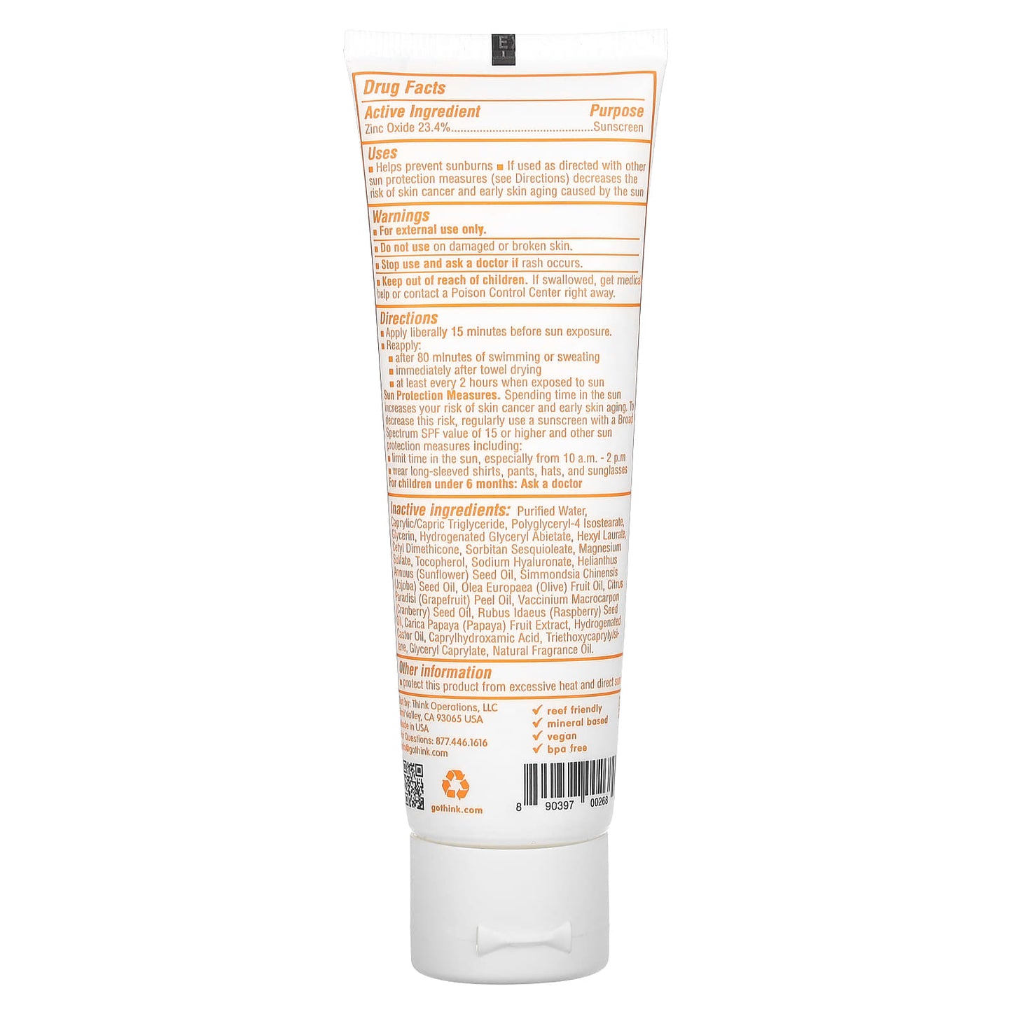 think, Thinkbaby, Zinc Oxide Sunscreen, SPF 50, Lightly Scented, 3 fl oz (89 ml)