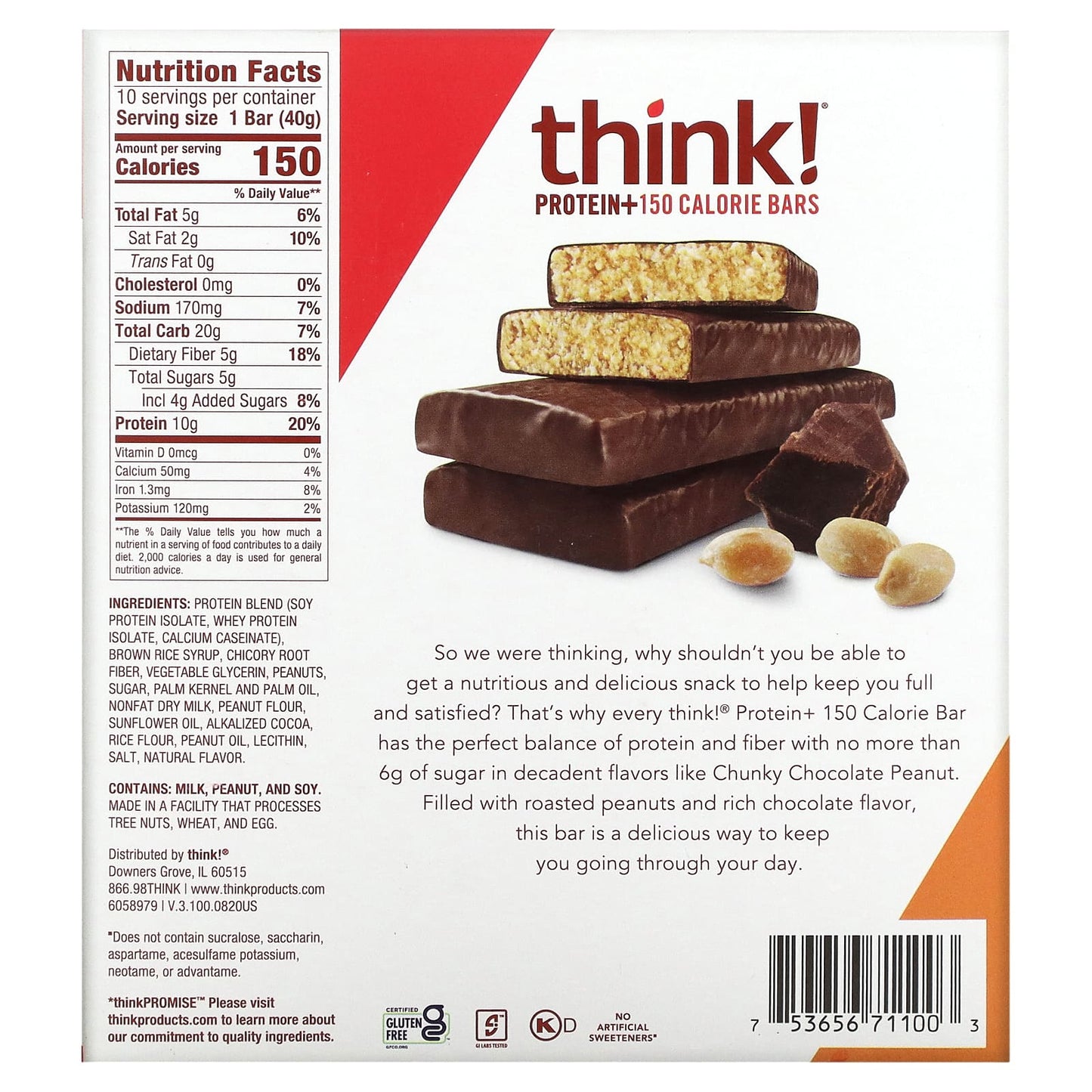 Think !, Protein+ 150 Calorie Bars, Chunky Chocolate Peanut, 10 Bars, 1.41 oz (40 g) Each