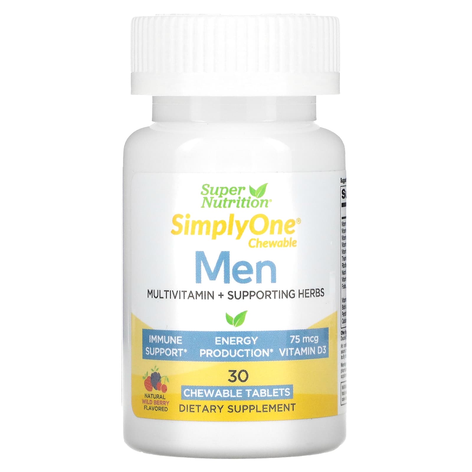 Super Nutrition-SimplyOne-Men’s Multivitamin + Supporting Herbs-Wild-Berry-30 Chewable Tablets