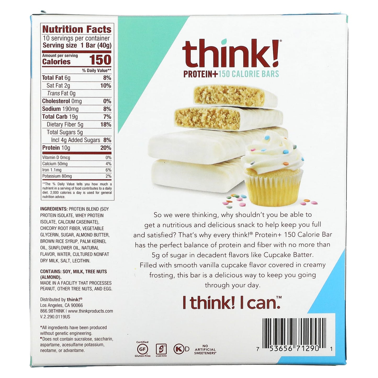 Think !, Protein+ 150 Calorie Bars, Cupcake Batter, 10 Bars, 1.41 oz (40 g) Each