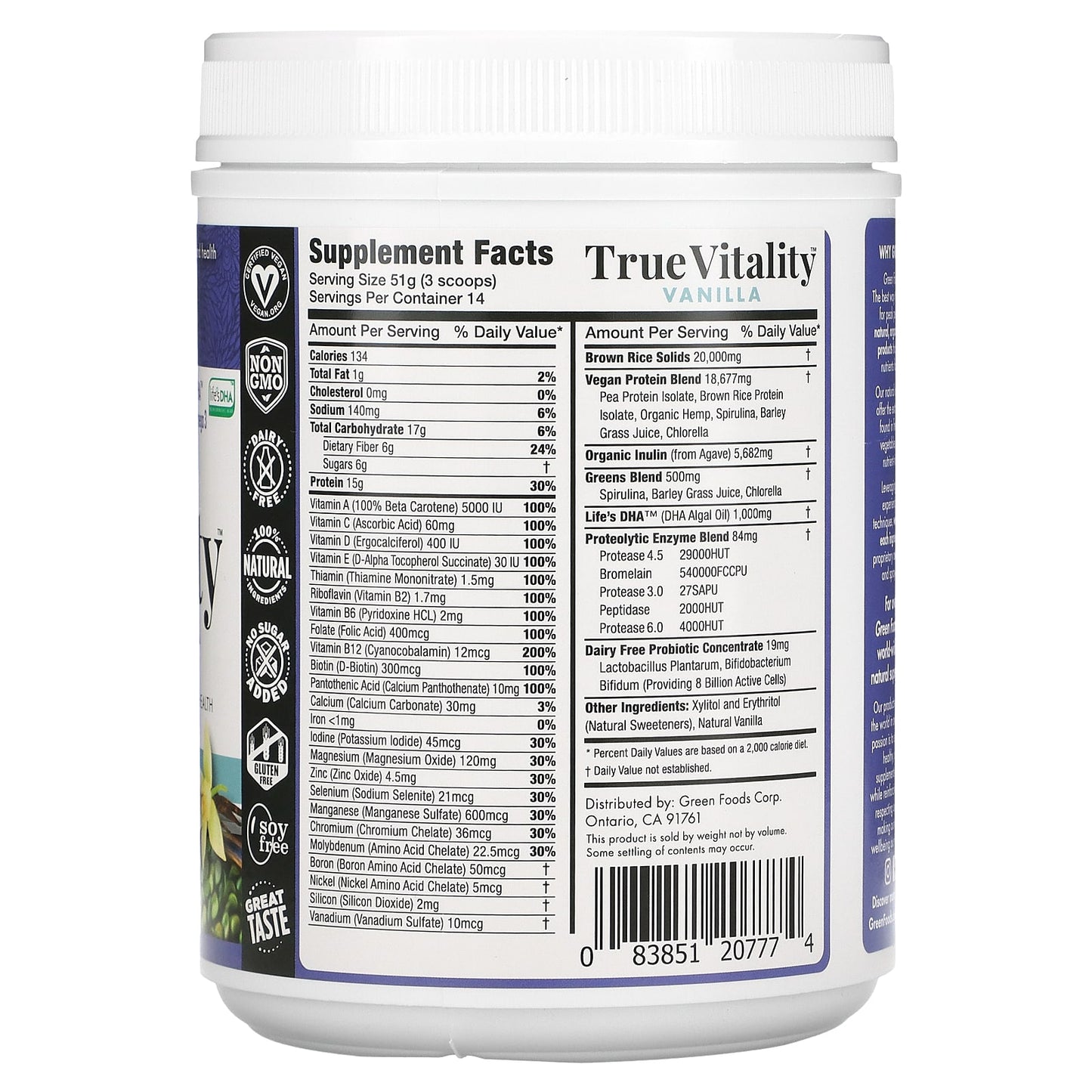 Green Foods, True Vitality, Plant Protein Shake with DHA, Vanilla, 25.2 oz (714 g)