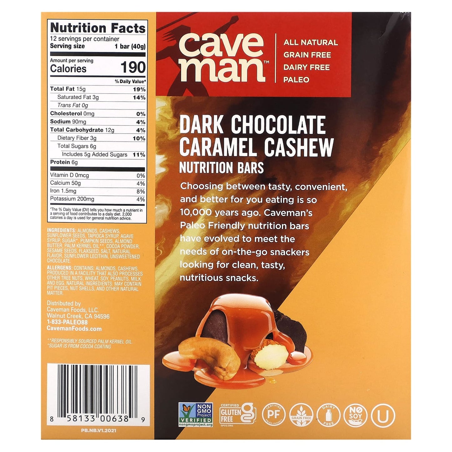 Caveman Foods, Nutrition Bars, Dark Chocolate Caramel Cashew, 12 Bars, 1.41 oz (40 g) Each