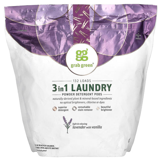 Grab Green-3-in-1 Laundry Powder Detergent Pods-Lavender with Vanilla-132 Loads-4 lbs 10.4 oz (2,112 g)