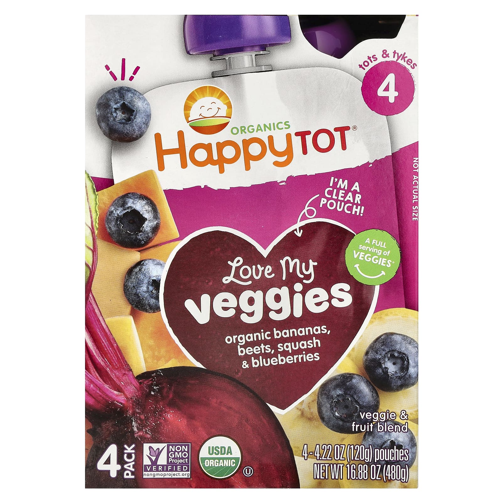 Happy Family Organics-Happy Tot- Love My Veggies-Stage 4-Organic Bananas-Beet-Squash & Blueberries-4 Pouches-4.22 oz (120 g) Each