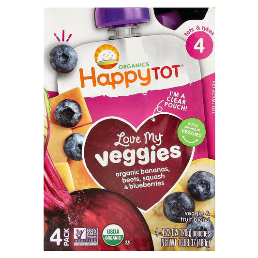 Happy Family Organics-Happy Tot- Love My Veggies-Stage 4-Organic Bananas-Beet-Squash & Blueberries-4 Pouches-4.22 oz (120 g) Each