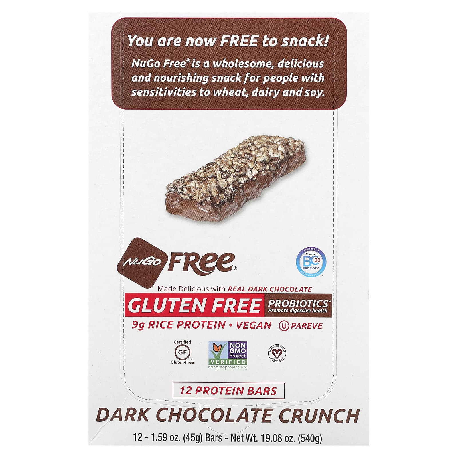 NuGo Nutrition-Gluten Free Protein Bar-Dark Chocolate Crunch-12 Bars-1.59 oz (45 g) Each