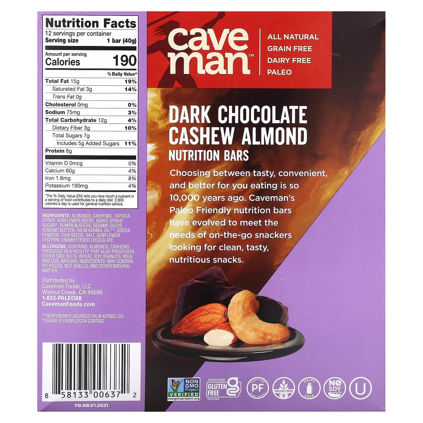 Caveman Foods, Nutrition Bars, Dark Chocolate, Cashew Almond, 12 Bars, 1.41 oz (40 g) Each