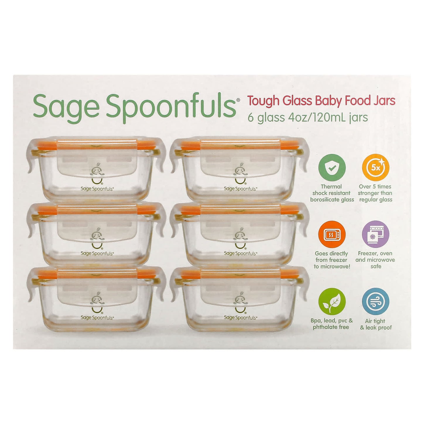 Sage Spoonfuls-Tough Glass Baby Food Jars-6 Pack-4 oz (120 ml) Each