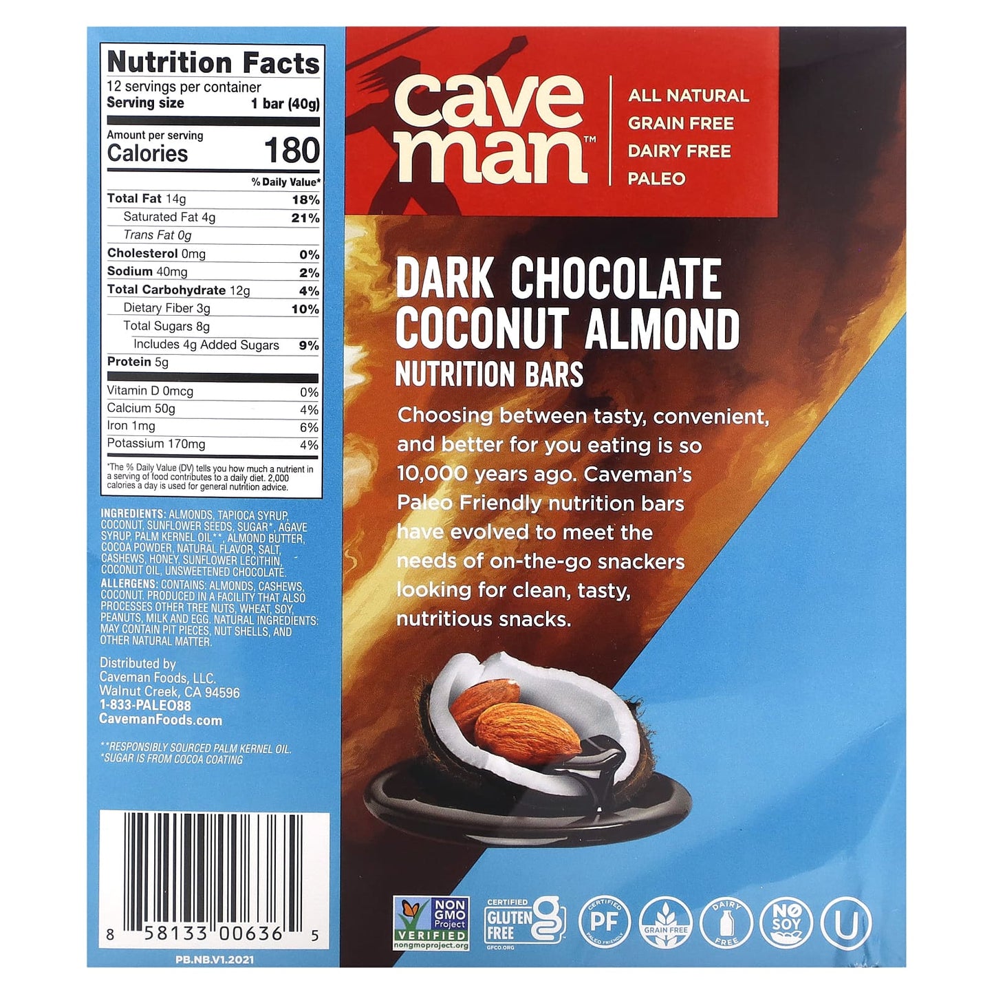 Caveman Foods, Nutrition Bars, Dark Chocolate Coconut Almond, 12 Bars, 1.41 oz (40 g) Each