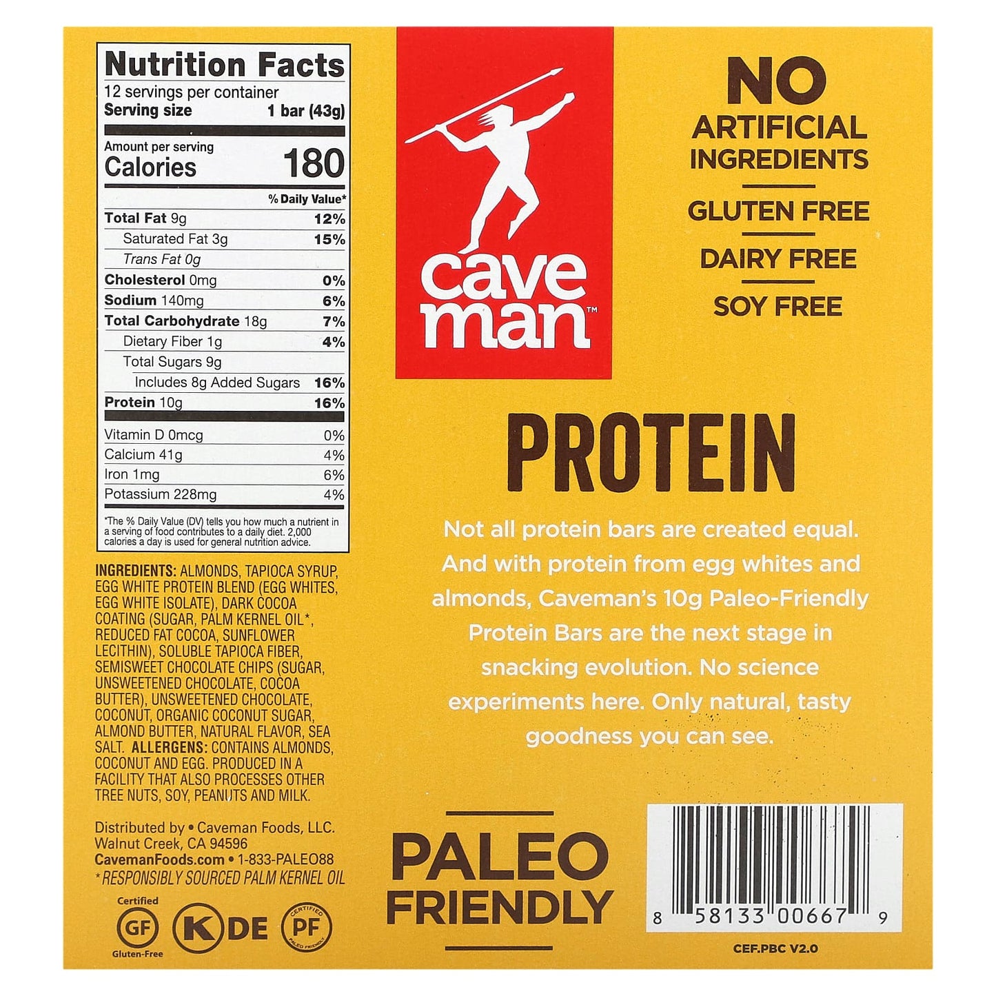 Caveman Foods, Protein Bar, Chocolate Almond Butter, 12 Bars, 1.52 oz (43 g) Each