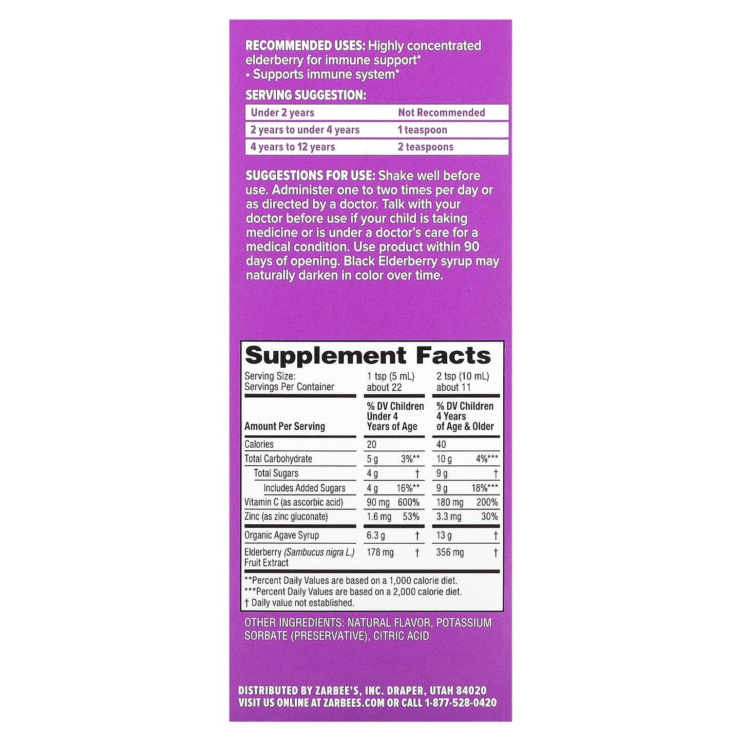 Zarbee's, Children's Daily Immune Support, With Real Elderberry, 2+ Years, 4 fl oz (118 ml)