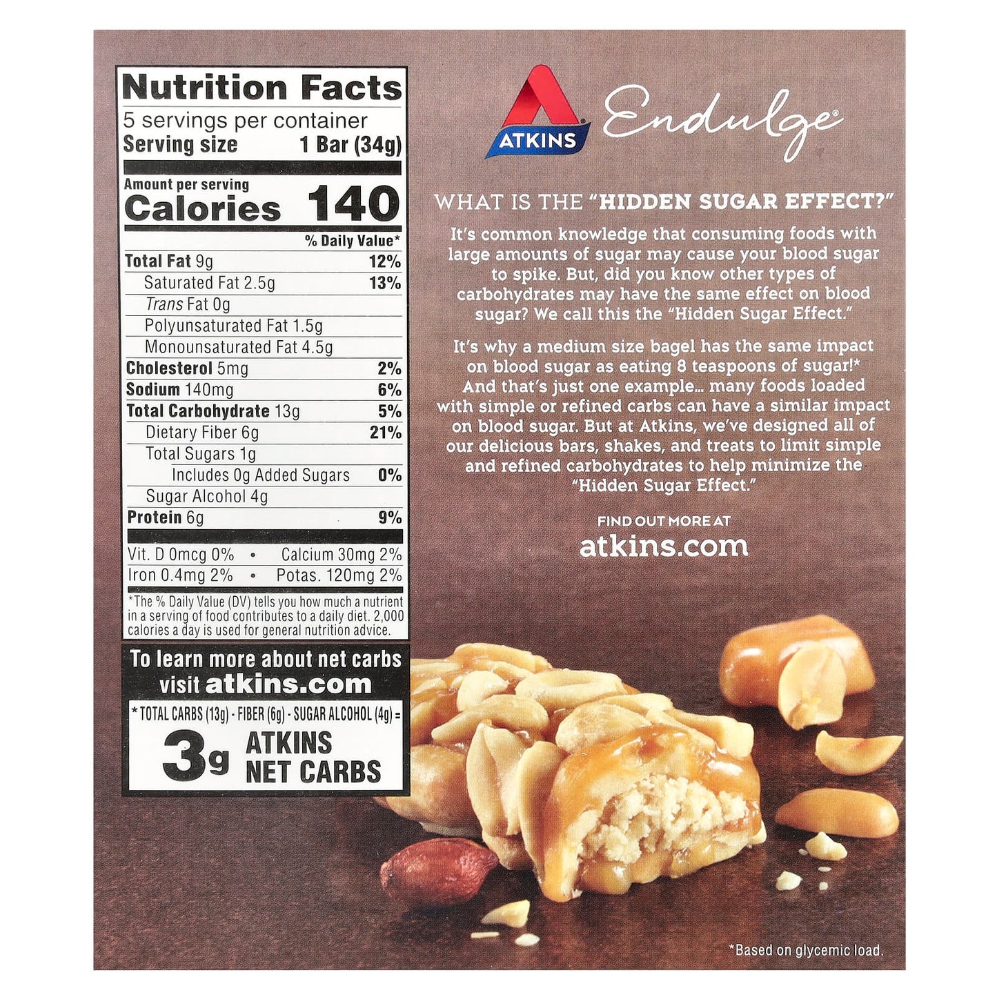 Atkins, Endulge, Peanut Caramel Cluster Bar, 5 Bars, 1.2 oz (34 g) Each