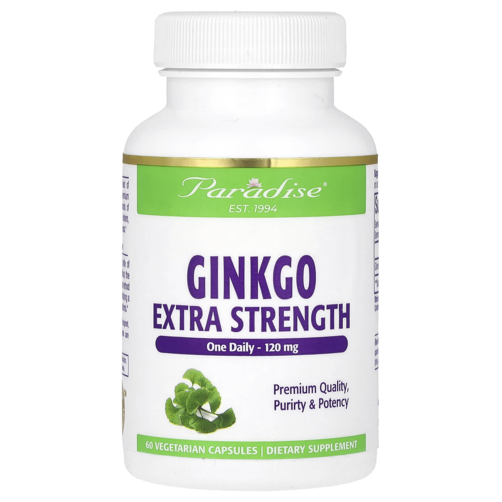 Paradise Herbs-Ginkgo-Extra Strength-120 mg-60 Vegetarian Capsules