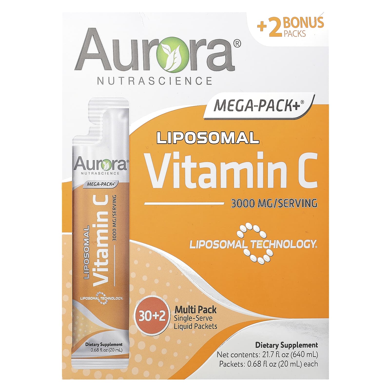 Aurora Nutrascience-Mega-Pack+ Liposomal Vitamin C-3,000 mg-32 Packs-0.68 fl oz (20 ml) Each